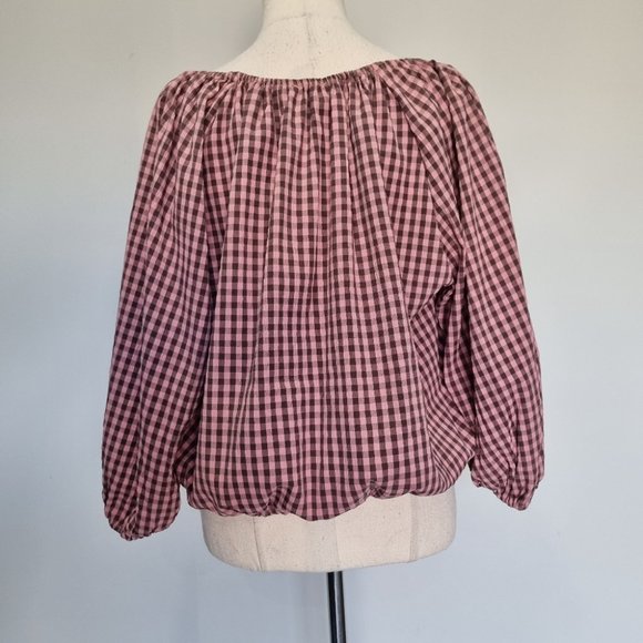 Ebby and I Pink & Brown Gingham Oversize Balloon Sleeve Top Size 10 - Picture 4 of 7